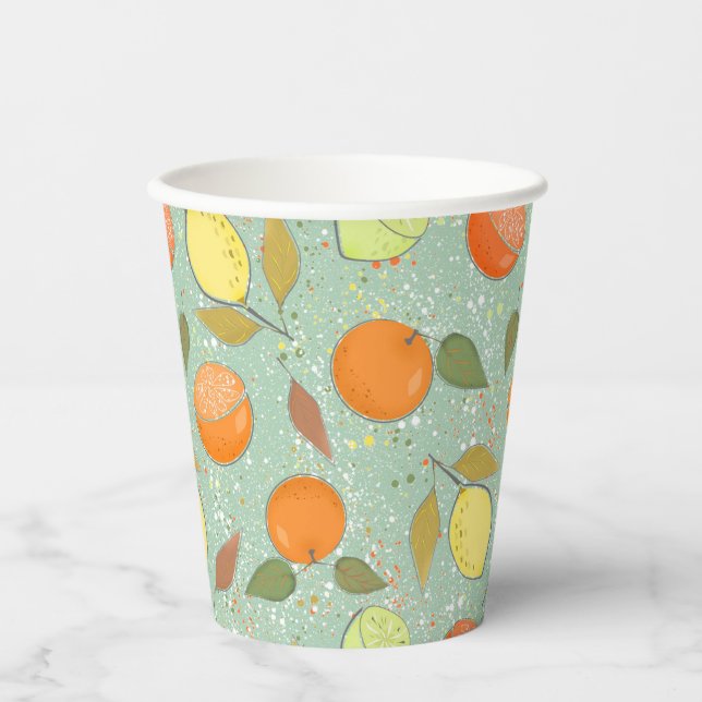 Fruchtmuster mit Zitronen, Orangen Pappbecher (Vorderseite)