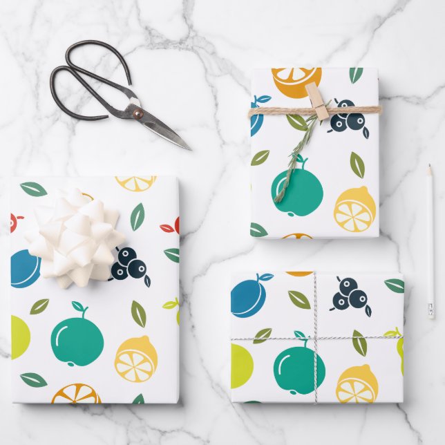 Fruchtmuster, Pflaume, Orange, Zitrone, Birne, Apf Geschenkpapier Set (Vorderseite)