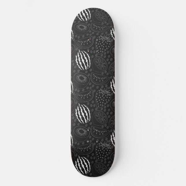 Fruchtnahtloses Muster schwarz-weiß tropisch Skateboard (Vorderseite)