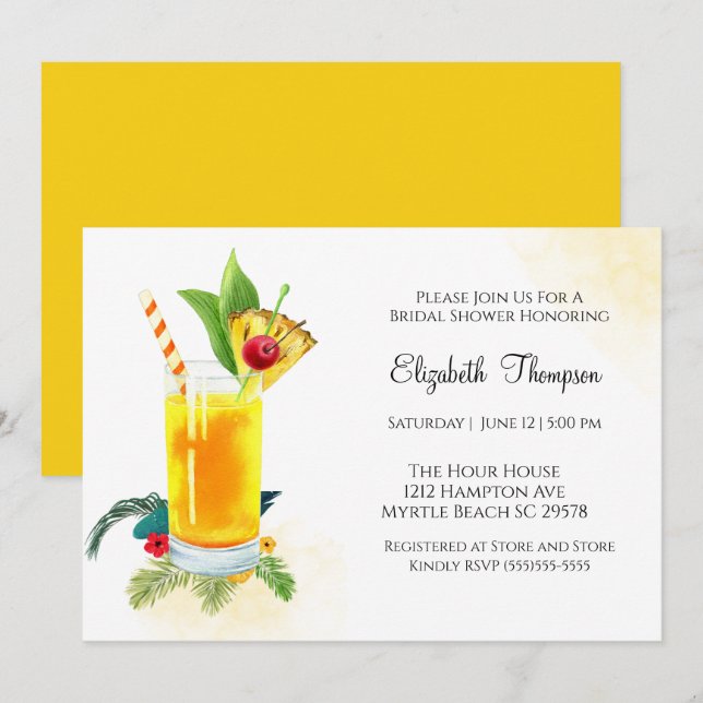 Fruchtsaft Drink Cocktail Gelbes Brautparty Einladung (Vorne/Hinten)
