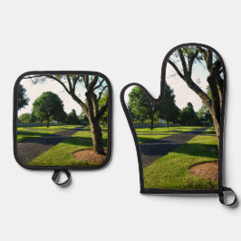 Früh Morgen am Paddock Ofenhandschuh & Topflappen-Set