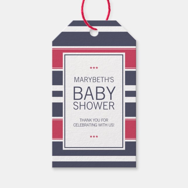 Frühauftige rote, weiße und blaue Babydusche Geschenkanhänger (Vorderseite)
