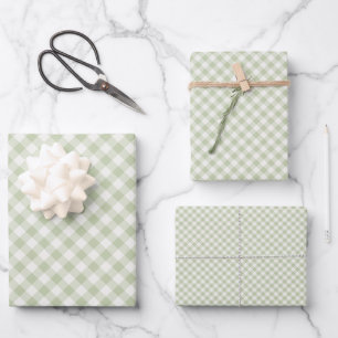 Früher Herbst-Retro-Gingham Sanftes Oliv Geschenkpapier Set
