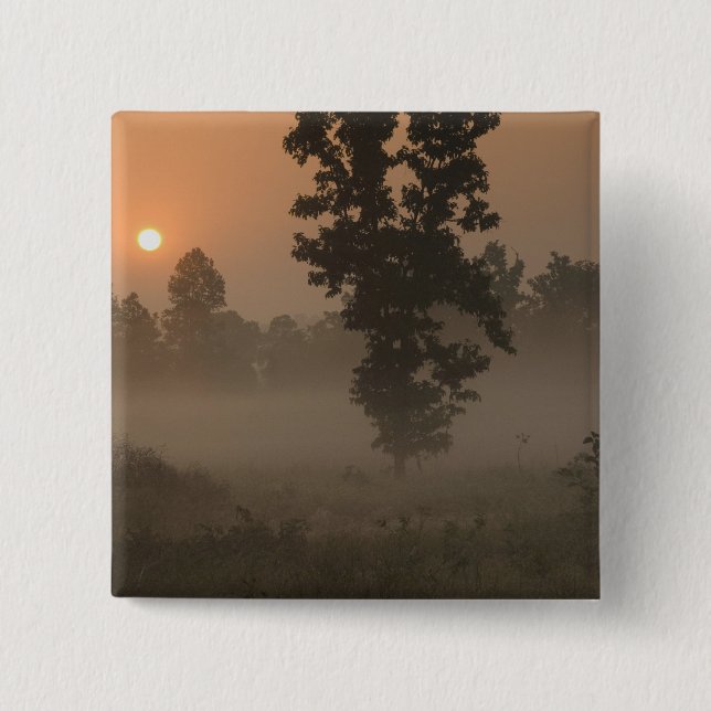 Früher Morgen, aufgehende Sonne und Bodennebel Button (Vorderseite)