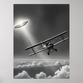 Frühes Aviation-UFO-Begegnung Vintage-Doppeldecker Poster