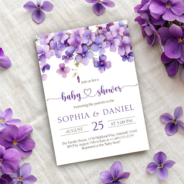 Frühjahr Delicate Violet Blume Babydusche Einladung (Spring Delicate Violet Flowers Baby Shower Invitation)