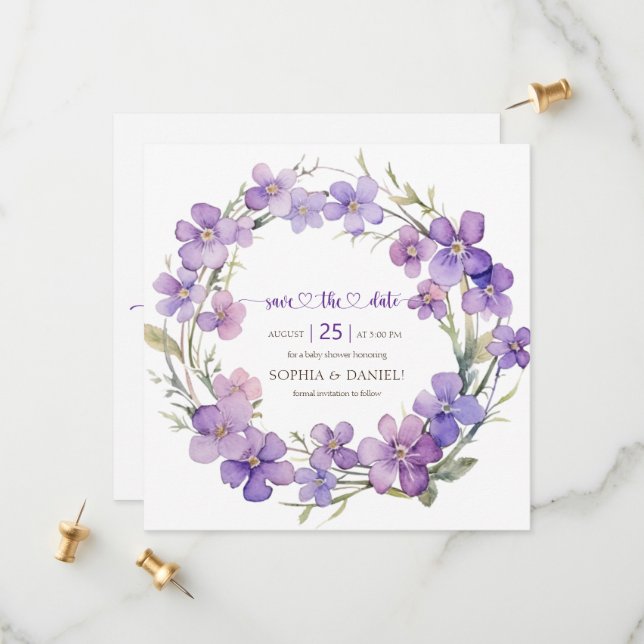 Frühjahr Delicate Violet Blume Babydusche Save The Date (Vorderseite/Rückseite Beispiel)