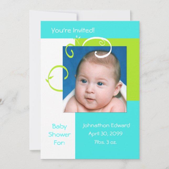 Frühjahr Fresh Foto Baby Dusche Cyan Blue und Gree Einladung (Vorderseite)