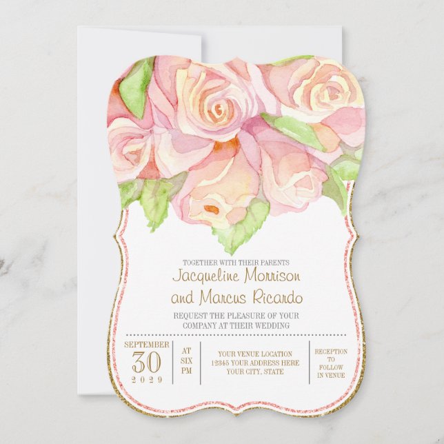 Frühjahr Hochzeit Wasserfarbe Rose Bouquet Einladung (Vorderseite)