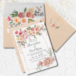 Frühjahr Peach Floral Golden Arch Hochzeit Einladu Einladung