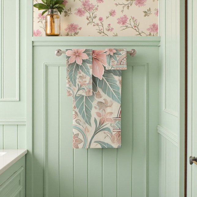 Frühjahr Sommer Pastel Indonesisch Batik Floral Badhandtuch Set (Spring Summer Pastel Indonesian Batik Floral Bath Towel Set)