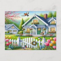 Frühjahr Vögel Natur Haus Postcard Wasserfarbe