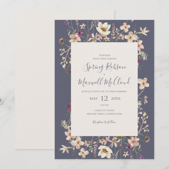 Frühjahr-Wildblume Rahmen Lila Lässige Hochzeit Einladung (Vorne/Hinten)