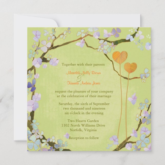 Frühjahr zwei Herzen Lime Green Floral Hochzeit Einladung (Vorderseite)