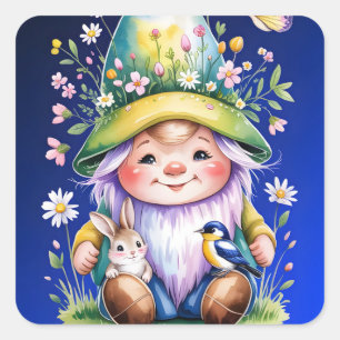 Frühjahrs-Gnom mit Hase und Blaumeise Quadratischer Aufkleber