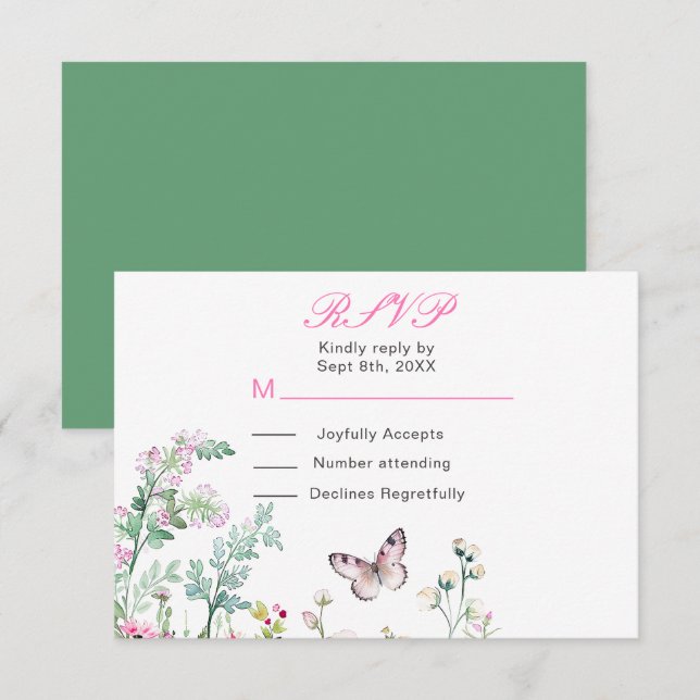 Frühjahrs-Grünen-Schmetterling-Hochzeit RSVP Karte (Vorne/Hinten)