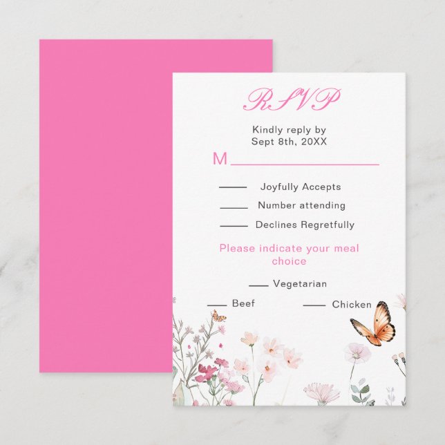 Frühjahrs-Hochzeit in Pink-Schmetterling RSVP Karte (Vorne/Hinten)
