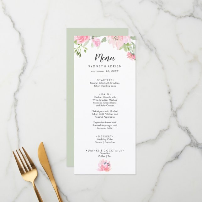 Frühjahrs-Peony-Hochzeitmenü Menükarte (Vorderseite/Rückseite Beispiel)