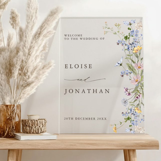 Frühjahrs-Wildblume Wiesen-Garten Hochzeit Willkom Acrylschild (Spring Wildflower Meadow Garden Wedding Welcome Acrylic Sign)