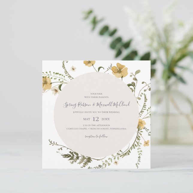 Frühjahrs-Wildblume Wreath White Square Hochzeit Einladung (Stehend Vorderseite)