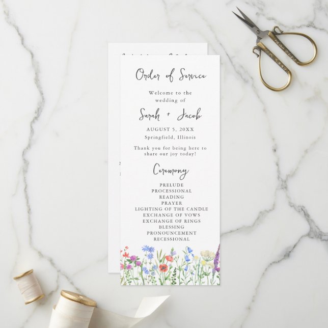 Frühjahrs-Wildblumen-Boho-Gartenhochzeitsprogramm Programm (Vorderseite/Rückseite Beispiel)