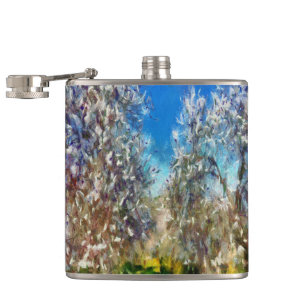 Frühjahrsblossom Almond Tree Pointillism Kunstwerk Flachmann