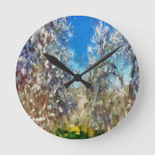 Frühjahrsblossom Almond Tree Pointillism Kunstwerk Runde Wanduhr
