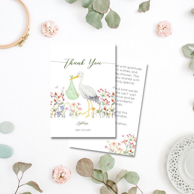 Frühjahrsblumen mit Spezial-Lieferstorch Babydusch Dankeskarte (Special delivery stork spring flowers traditional baby shower thank you cards)