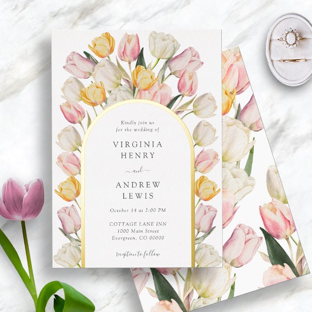 Frühjahrsblumenhochzeit Folieneinladung (Watercolor Tulip Gold Foil Wedding Invitation by Painted Paperie)