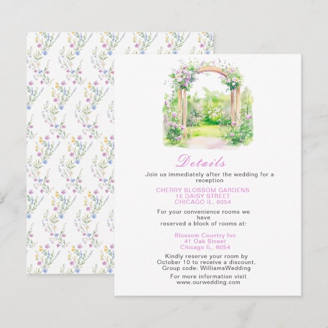 Frühjahrsflorale Hochzeitstorte Details Begleitkarte (Vorne/Hinten)