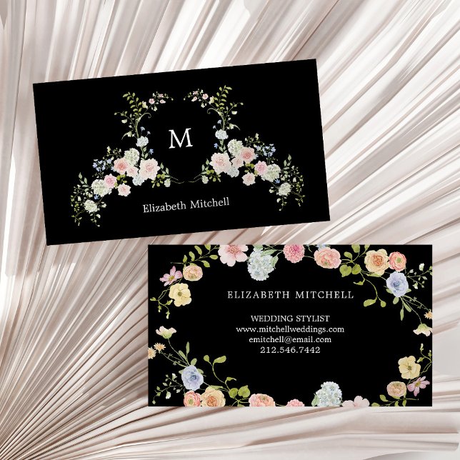Frühjahrsgarten Blumen auf Schwarz | Monogramm Visitenkarte (Von Creator hochgeladen)