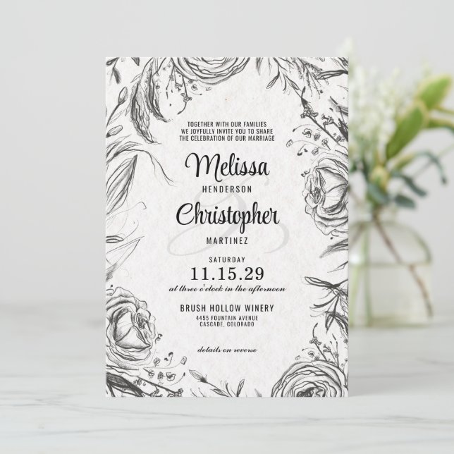Frühjahrsgarten mit Details Einladung Hochzeit (Stehend Vorderseite)