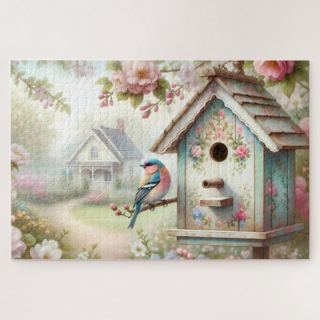 Frühjahrshaus mit pastellfarbenen Blume und Vogel (Horizontal)