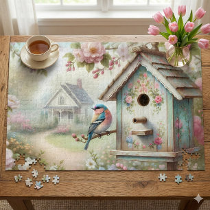 Frühjahrshaus mit pastellfarbenen Blume und Vogel