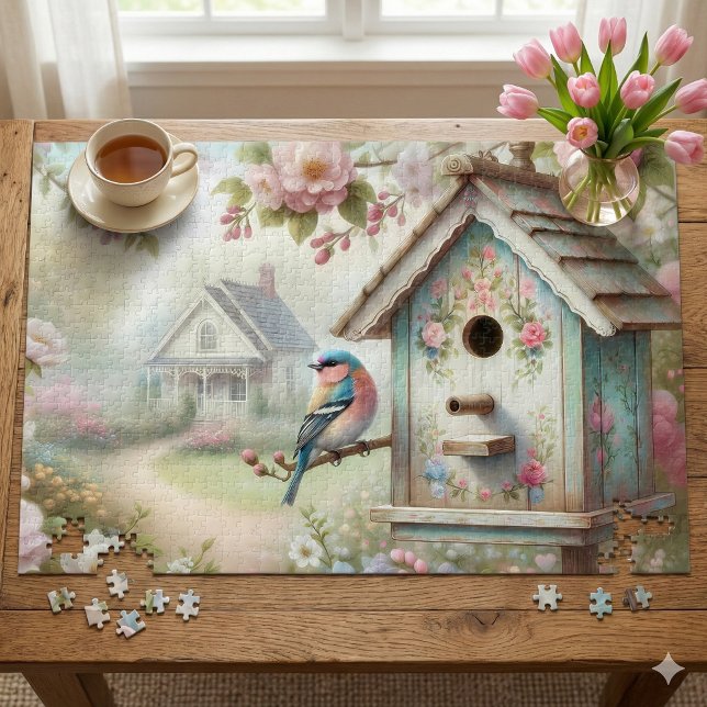 Frühjahrshaus mit pastellfarbenen Blume und Vogel (Spring Birdhouse With Pastel Flowers And Bird Jigsaw Puzzle Mockup)