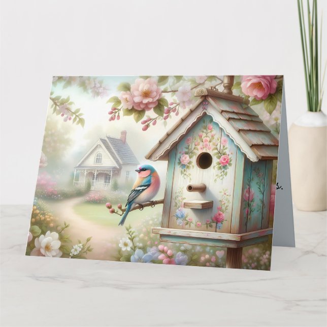 Frühjahrshaus mit pastellfarbenen Blume und Vogel Karte (Vorderseite)