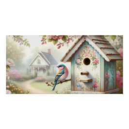 Frühjahrshaus mit pastellfarbenen Blume und Vogel Poster
