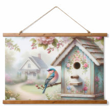 Frühjahrshaus mit pastellfarbenen Blume und Vogel