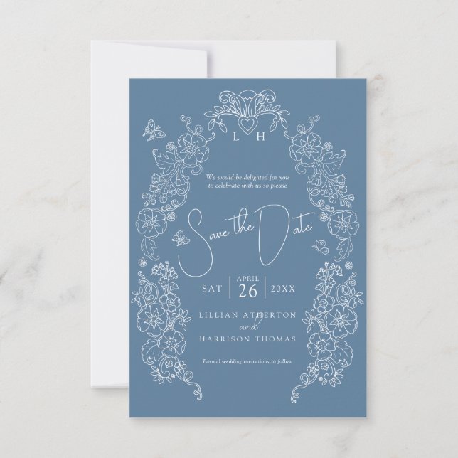 Frühjahrshochzeit Lilie Art Blue White Foto Save The Date (Vorderseite)