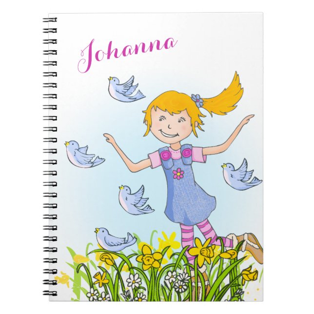 Frühjahrsmädchen jagen Vögel Kinder Notizbuch Notizblock (Vorderseite)