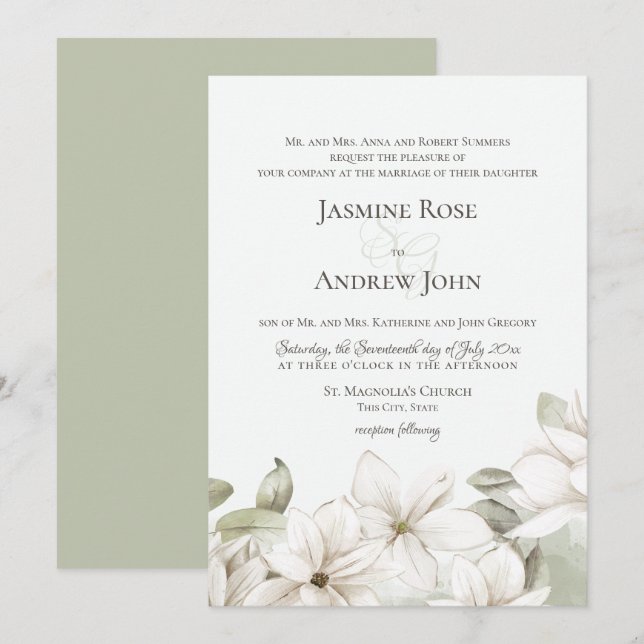 Frühjahrsmagnolia Blossom Blush and Sage Wedding Einladung (Vorne/Hinten)