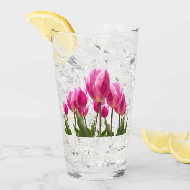 Frühjahrsstil Küchendekor Rosa Tulpen Trinkglas Glas (Vorderseite Ice)