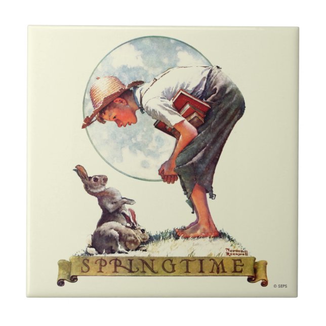 Frühling 1935 Junge mit Kaninchen Fliese (Vorderseite)