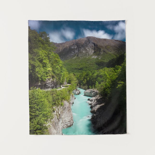 Frühling am Fluss Soča von der Napoleon-Brücke Wandteppich (Vorderseite)