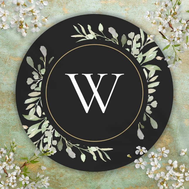 Frühling Blätter Grüngrauen Monogramm erste Runder Aufkleber (Spring Leaves Greenery Monogram Initial Classic Round Sticker)