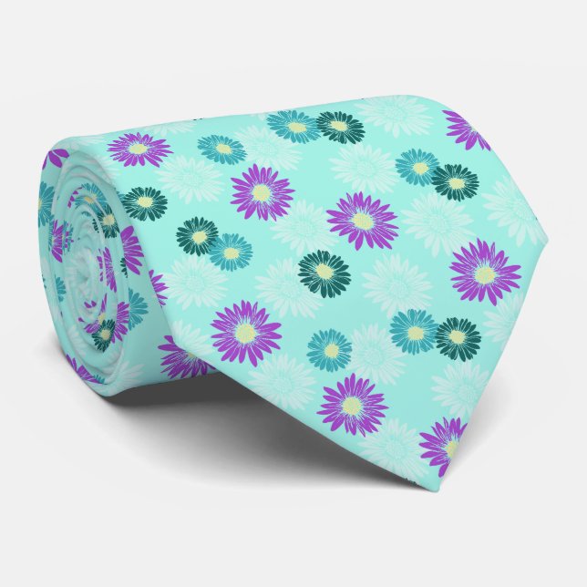 Frühling blüht Daisy Floral Aqua Zweiseitige Krawa Krawatte (Gerollt)