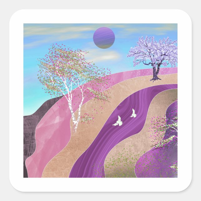 Frühling blüht Landschaft Quadratischer Aufkleber (Vorderseite)
