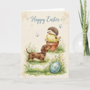 Frühling Dachshund und Igel Oster Szene Karte
