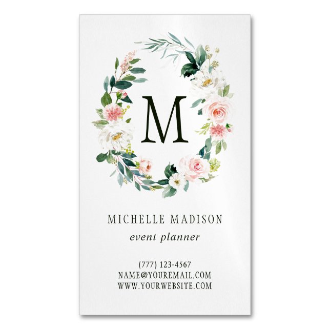Frühling erröten BlumenKranz-Monogramm Magnetische Visitenkarte (Vorderseite Vertikal)