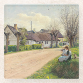 Frühling im Dorf mit Mädchen auf der Straße Glasuntersetzer